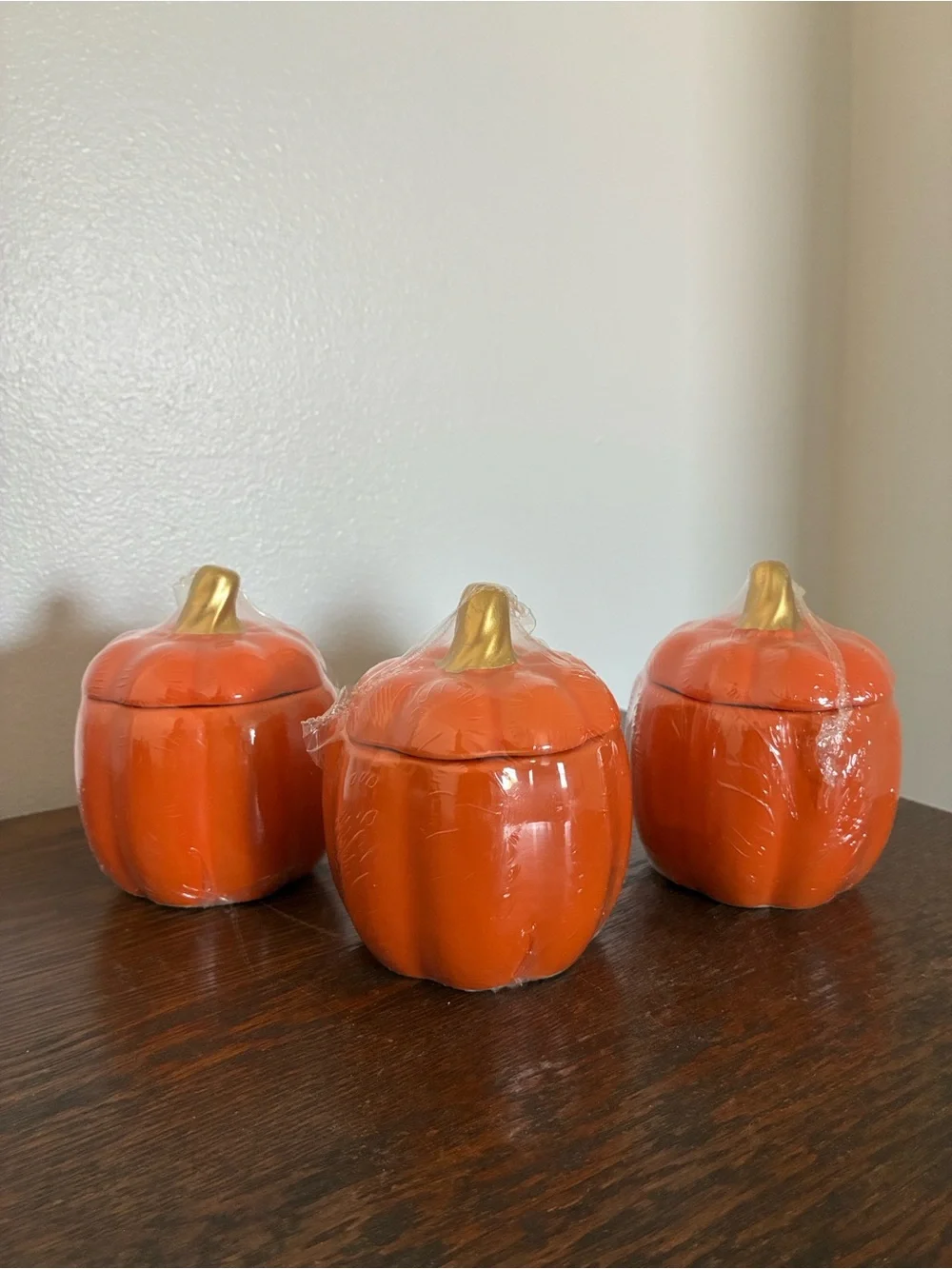 NWT- Set of 3- Orange Ceramic Pumpkin Jars with Lid & Gold Stems